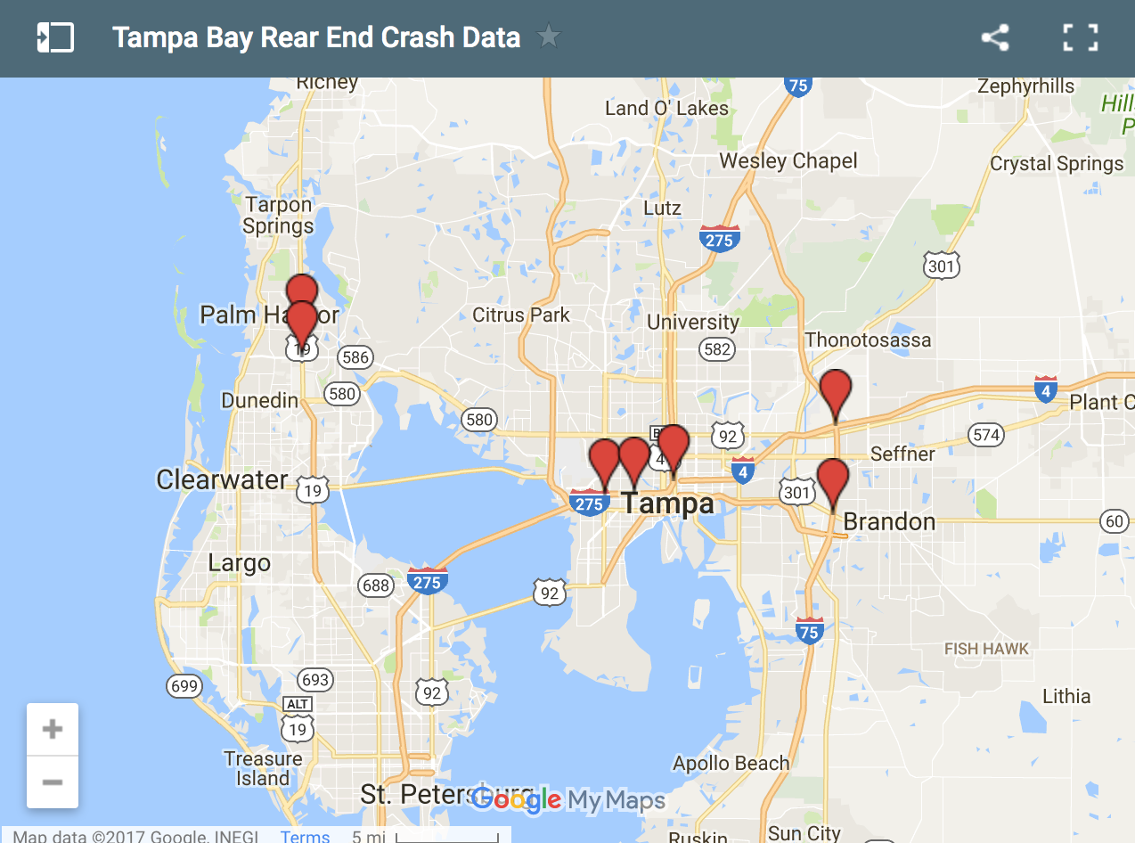 Map of Top 5 Tampa Locations for Rear End Car Crash Data